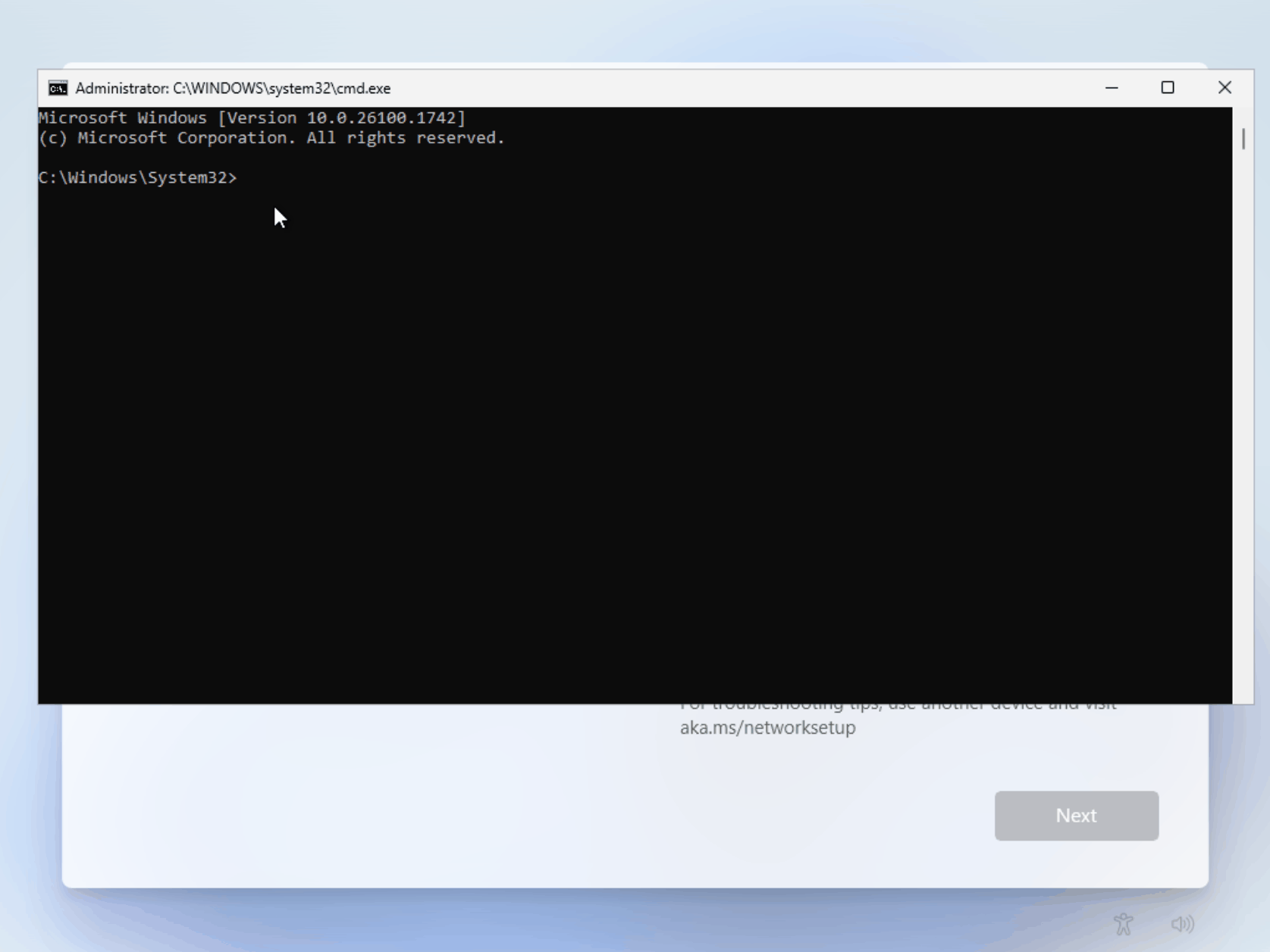 Enterting the start local only command, bypassing the need for a Microsoft Account.