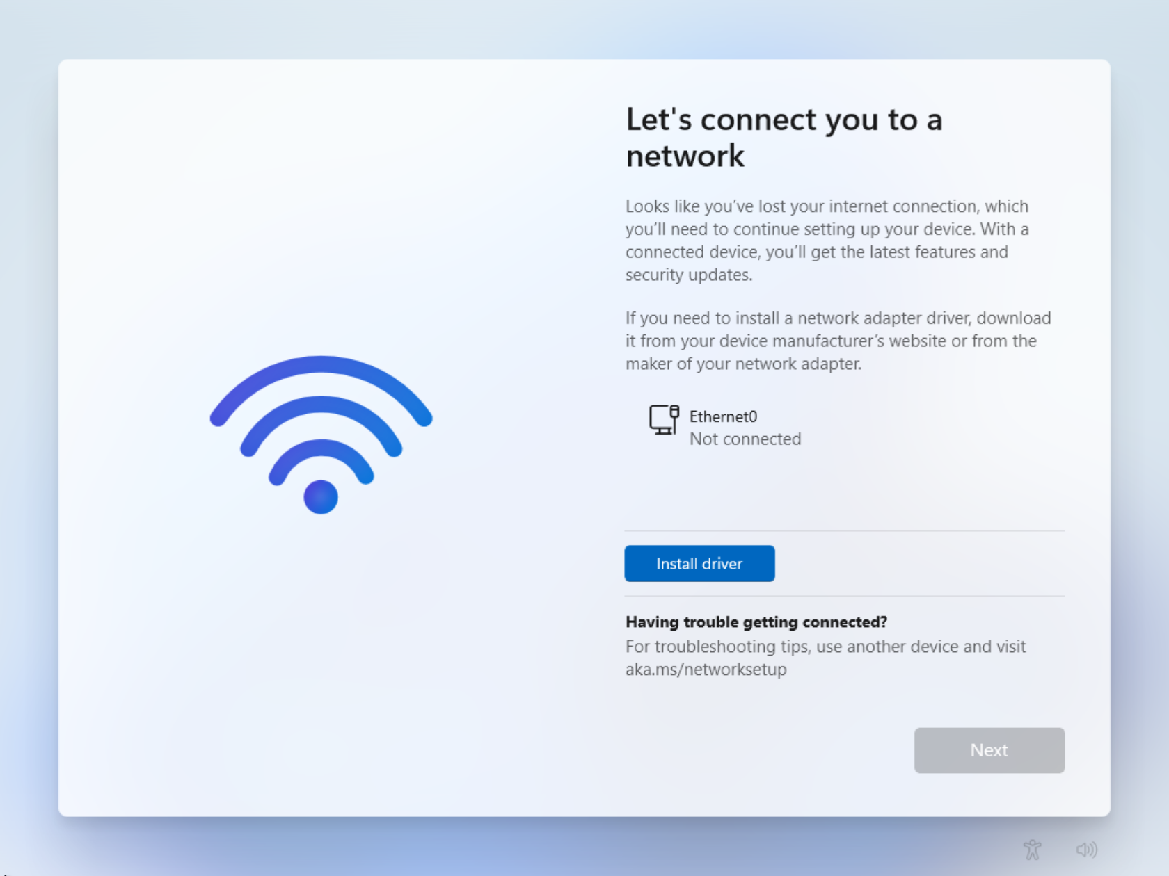 Windows 11's Network screen during an installation.